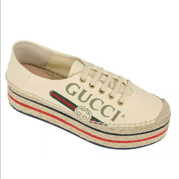 GUCCI CANVAS LOGO WEDGE ESPADRILLE PLATFORM SHOES - Picture 6 of 8